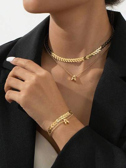 1pc Gold Fish Bone Chain Letter Multilayer Bracelet & 1pc Necklace Jewelry Set, Birthday Gift For Women