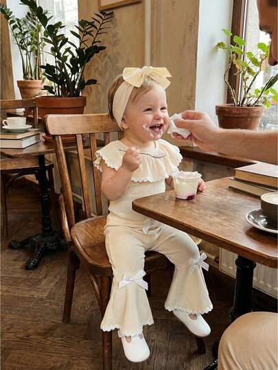 Baby Girl Summer Outfits Ric-Rac Ruffles Collar Sleeveless Ribbed Knit Romper Flare Pants Headband 3Pcs Clothes Set