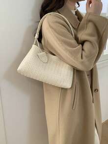 1 chiếc túi baguette dệt màu trơn mới, quai đeo bằng da PU, túi đeo vai thời trang dành cho nữ, thích hợp sử dụng hàng ngày, đi mua sắm, hẹn hò. - Màu be - Xem 7