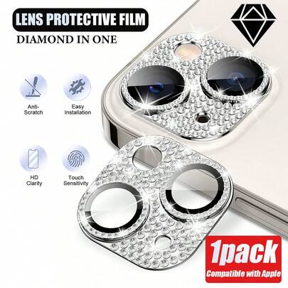 1片装相机镜头保护膜，银色钻石装饰，防刮花，保护镜头，美观大方，智能手机配件，新手也能轻松安装，兼容 17e/17/17 Air/17 Pro Max/16 Pro Max/16 Pro/16 Plus/15/14/13/12/11系列