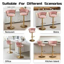Velvet Bar Stools Set Of 2, 360° Swivel Barstools Height Adjustable Counter Height Bar Chairs, Woven Back Upholstered Accent Chairs With Gold Footrest, Modern Dining Chairs For Kitchen Island Home Bar Dining Room, Pink - Pink - View 11