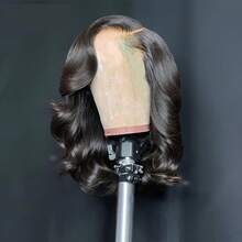 波浪卷波波头假发，真人发，13x4波浪卷蕾丝前假发，真人发蕾丝前假发，真人发预拔毛假发，女士假发，带婴儿绒毛的真人发假发（自然黑） - 黑色 - 查看 11