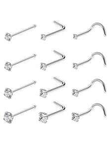 4件套1.5/2/2.5/3毫米闪亮立方氧化锆鼻环和耳环饰品，I形、L形、S形骨质鼻环和耳环，耳垂穿孔耳环，鼻环，乳环，肚脐环，唇环，铰链式卡珠软骨螺旋耳环 - 銀色 - 查看 1