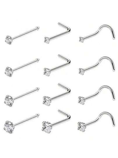 4件套1.5/2/2.5/3毫米闪亮立方氧化锆鼻环和耳环饰品，I形、L形、S形骨质鼻环和耳环，耳垂穿孔耳环，鼻环，乳环，肚脐环，唇环，铰链式卡珠软骨螺旋耳环