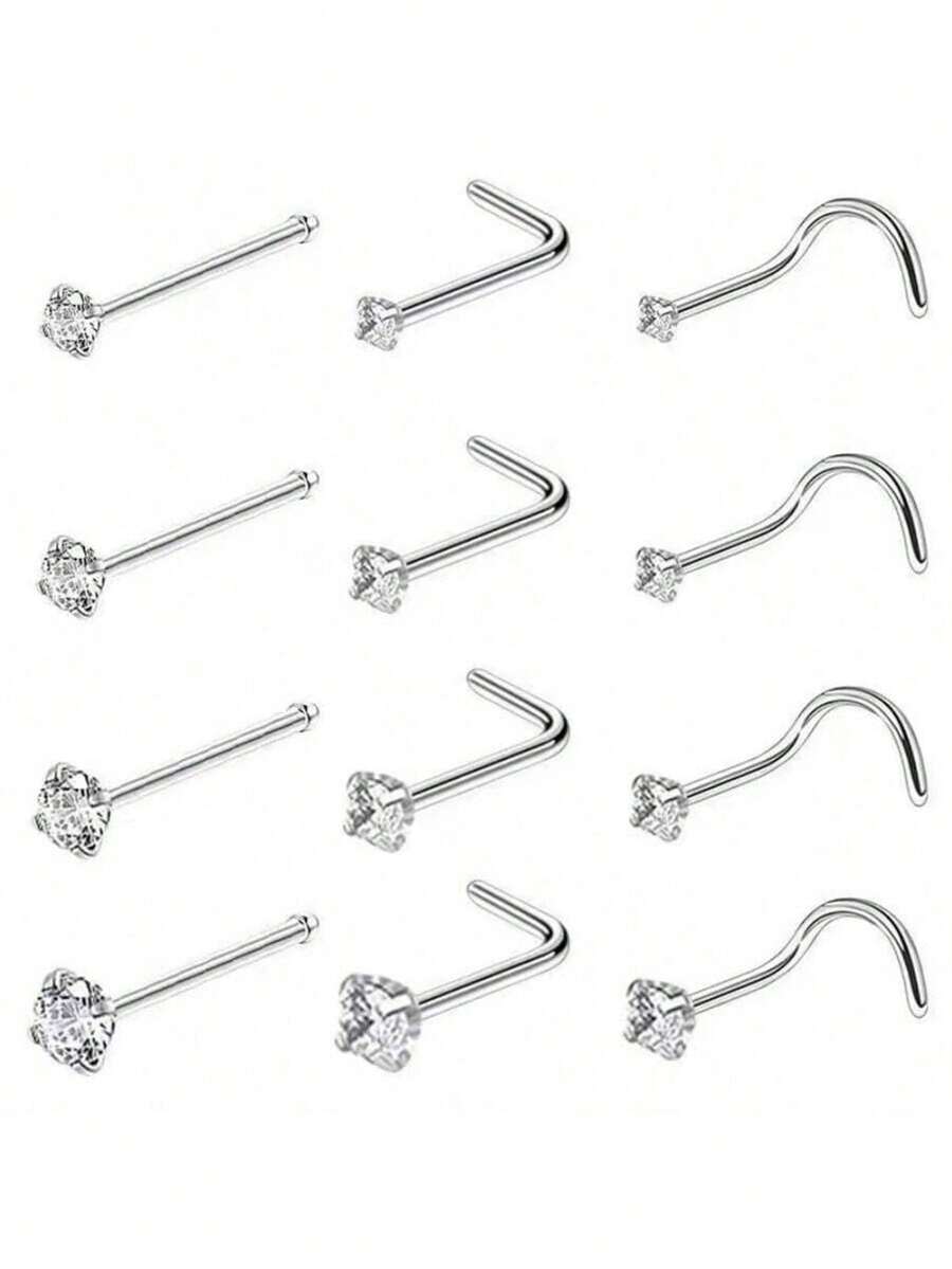 4件套1.5/2/2.5/3毫米闪亮立方氧化锆鼻环和耳环饰品，I形、L形、S形骨质鼻环和耳环，耳垂穿孔耳环，鼻环，乳环，肚脐环，唇环，铰链式卡珠软骨螺旋耳环 - 銀色 - 查看 1