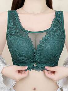 Minimalist Solid Color Floral & Lace Bra, Comfortable Breathable Full Coverage Wireless Bra, Women's Lingerie - Green - View 5