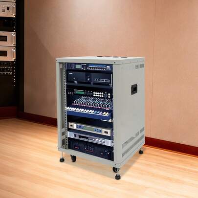 gladney 15U Rolling Network & Audio Rack With Top Shelf, Carbon Steel Open Front/Back Studio Cabinet With Casters And Levelling Feet, Ventilated Gray Rack For AV Gear Up To 300lbs