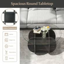 COSTWAY 35" Round Coffee Table, Modern Accent Table With Tempered Glass Top & Solid Wood Base, Unique Circle Center Table With Storage Compartment For Living Room, Black - Black - View 5