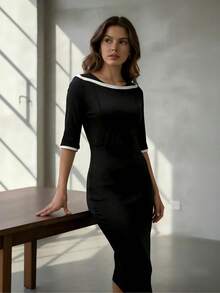 conciso Women's Casual Mid-Sleeve Mid-Length Dress, Spring Office Wear - Black - View 6