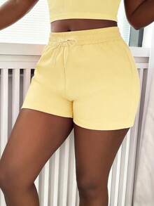 3pcs Women Elastic Waist Casual Shorts, Light Yellow & Light Pink Solid Color, Drawstring, Suitable For Spring, Autumn & Winter, Casual, Vacation, Home Summer - Light Pink/Sports Gray/Light Yellow - View 7