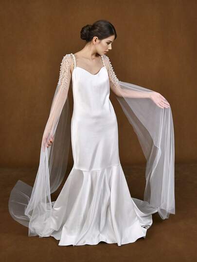 2pcs Long Beaded Shawl, White Mesh With Faux Pearl, Suitable For Bride Wedding, Wedding Photography, Party Dress Accessories; Black Trailing Shawl, Travel & Holiday Shoulder Decor