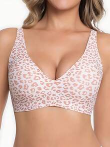 Wireless Bras For Womens, Comfortable Wireless Bras Push Up Bralettes Seamless Tshirts Bras Deep V Everyday Bras - Pink Leopard Print - View 1