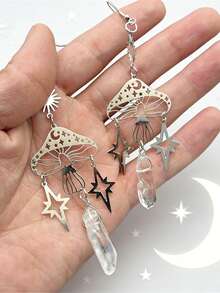 Bohemian Style Natural Asymmetrical Crystal Star & Mushroom Shaped Dangle Earrings For Women & Girls - Silver - View 2