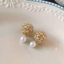 一对前后镶嵌珍珠锆石球形耳钉，闪亮耳环，珍珠耳环，送给朋友的礼物，生日、母亲节、感恩节、节日皆宜 - 金黃色 - 查看 2