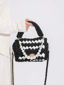 1pc Handmade Woven Punk Style Black & White Plaid Shoulder Bag, Chain Crossbody Bag, Versatile Artistic Handbag, Detachable Chain, Large Capacity Square Bag, Suitable Gift For Girlfriend Or Best Friend - Multicolor - View 10