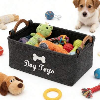 Cesta de almacenamiento de juguetes de peluche para perros con adhesivo - Caja de almacenamiento de juguetes para mascotas, cesta de almacenamiento espaciosa para mascotas - Organizador plegable multiusos con asa resistente, adecuada para juguetes, ropa y suministros de aseo de perros - Diseño fácil de limpiar, creando un hogar ordenado, sin desorden de alta gama