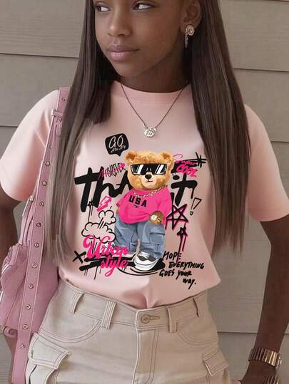 1pc Tween Girl Printed Short Sleeve T-Shirt, Student Youth Clothing, Summer Gift For Kids