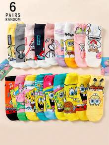 SpongeBob SquarePants 6/10双随机女士短袜，海绵宝宝主题卡通人物设计，吸湿透气，用途广泛 - 彩色 - 查看 11