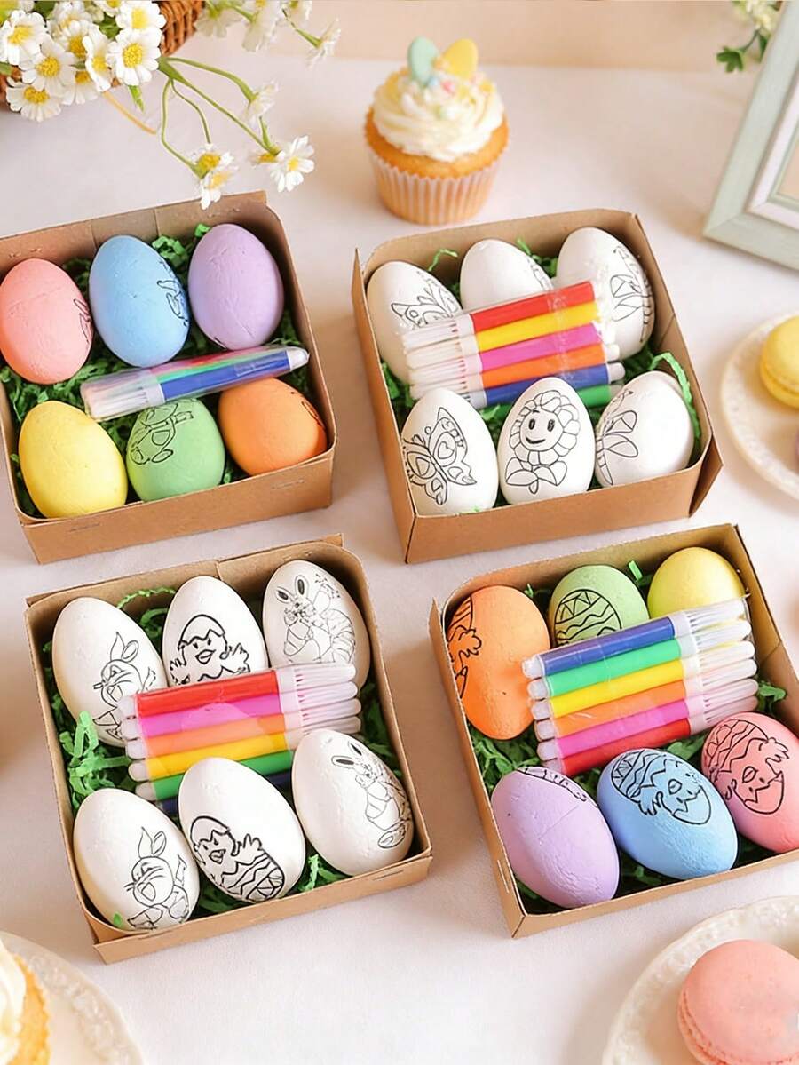 Trứng Phục Sinh Tự Làm Vẽ Tay, Trứng hình Thỏ và Gà hoạt hình, Quà tặng thủ công, Thích hợp cho các trò chơi trong bữa tiệc Phục Sinh, Quà tặng ngày lễ, Mùa tựu trường, Quà tặng hàng ngày - Nhiều kiểu dáng - Xem 1