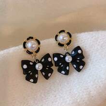1 Pair New Dot & Bow Earrings, Korean Elegant Earrings - Black - View 5
