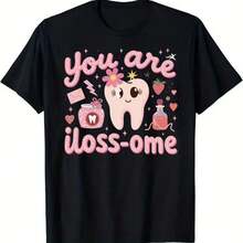 Dental Themed Cute Cartoon Tooth With Pink Crown T-Shirt - Colorful Graphic Design With Envelope, Toothbrush Jar, Strawberry, Potion Bottle & Hearts, Playful Text 'you Are Iloss-Ome' (Pun On Awesome Flossing) - Black Background Summer Casual Crew N, Perfect Birthday Christmas Mother's Day Gift Size 70x140cm/27. 56x55. 12 In - 黑色 - 查看 2