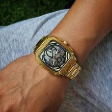 Fossil BQ2573 Men's Automatic Mechanical Watch, Gold Square Case, Hollow Dial, Stainless Steel Strap - Gold - View 3