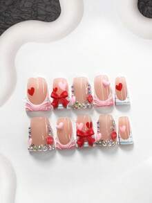 10片浪漫爱心美甲凝胶套装，亚克力压制美甲，红色爱心切片，粉色3D爱心，红色蝴蝶结美甲装饰，手绘浅蓝色条纹，纯色波纹，粉色指甲油，完美新婚美甲套装，包含美甲工具（1个果冻贴+1个指甲锉），3种尺寸可选：杏仁形、鸭嘴形、棺材形手工压制美甲片 - 彩色 - 查看 12