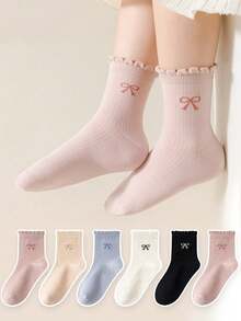 6 双混色儿童袜子，带蕾丝和蝴蝶结设计，百搭女童宝宝中筒袜，适合四季日常穿着 - 彩色 - 查看 6
