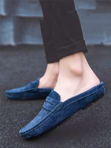 Men's Slip-On Loafers, Lightweight Breathable Shock-Absorbing Round Toe Backless Flat Mules, Retro Casual Summer Walking Shoes, Blue Suede Faux Leather Loafers Slippers, Big Size 12 13 14 15 - Blue Hollowed-out - View 8