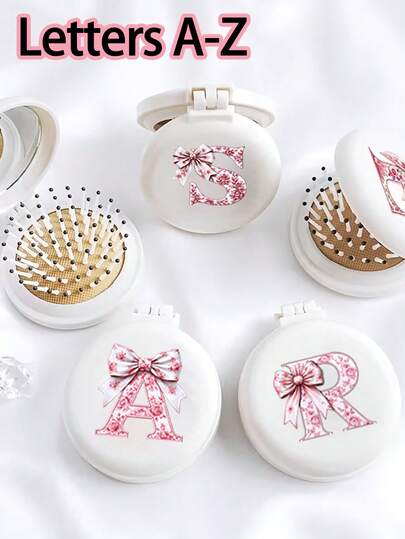 Portable Pink Bowknot Letter Pattern Round Beige Hair Comb With Mirror ,2-In-1 Foldable Comb & Makeup Mirror –Portable, Tabletop, Contemporary Beauty Tool For Travel,Folding Comb With Makeup Mirror, Mini Cushion Comb For Travel, Camping, Office, Business Trips, Performances | Ideal For Bag Essentials Or Birthday Gifts,Valentine's Day, Wedding Season, Souvenirs, Bridesmaid Gifts, Back To School Season