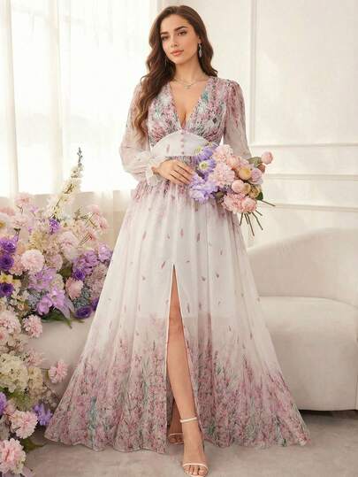 Elegant Bohemian Style Deep V-Neck Long Sleeve A-Line Dress, Front Slit Design, Button Front Detail, For Women