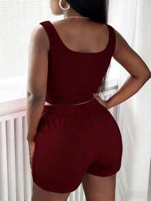 Women's Summer Casual Deep Red Camisole & Shorts 2-Piece Set, Women's Casual Round Neck Ribbed Cropped Camisole And Drawstring Pocket Shorts 2-Piece Outfit Elegant - Dark Red - View 3