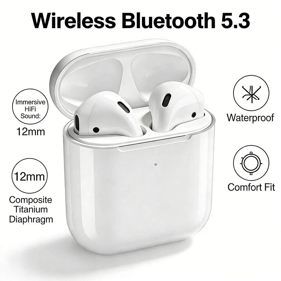 Newmine Auriculares Bluetooth T2S, Súper larga duración de la batería, Efecto de sonido de baja latencia, Bluetooth 5.3, Control táctil sin costuras, Diafragma dinámico de titanio compuesto, Compatible con iOS/Android, Interfaz Lightning, Auriculares deportivos para juegos y música, Blanco - Blanco - Ver 1