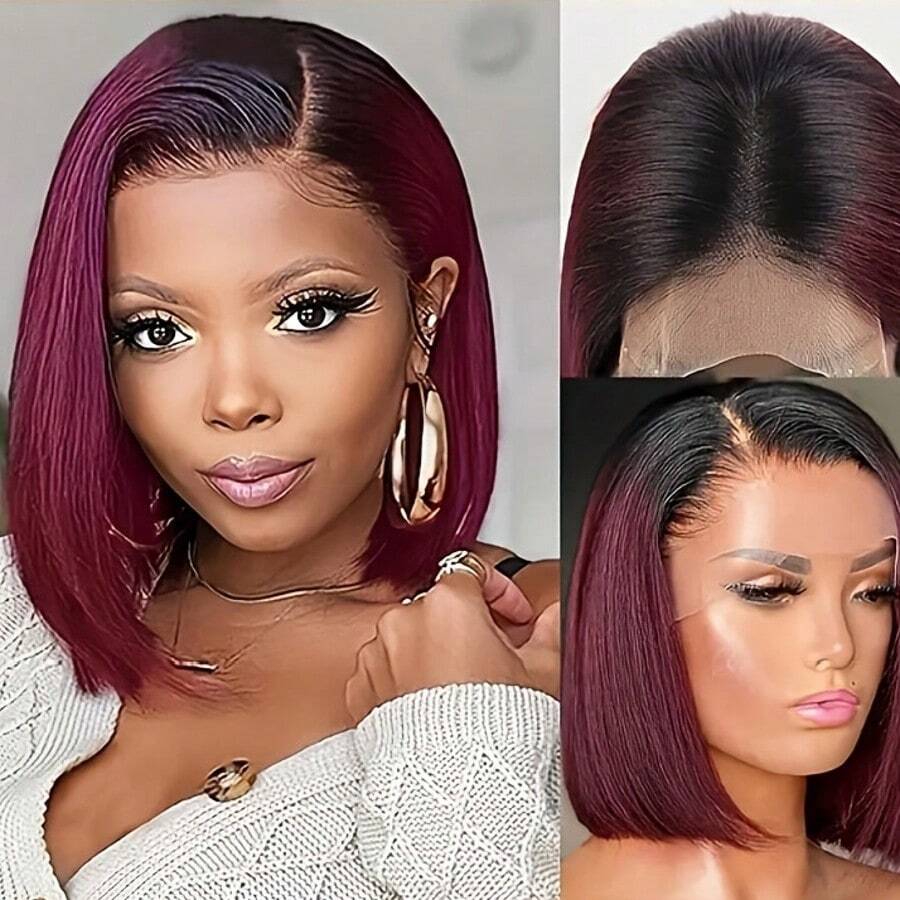 1B/99J 酒红色蕾丝前假发，真人发，13x4 短款波波头假发，蕾丝前真人发假发，预先拔毛，带婴儿发，180% 密度真人发