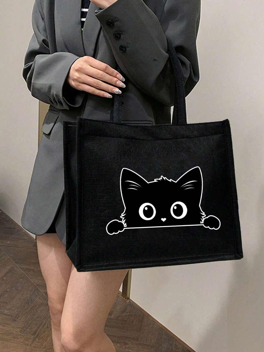 猫咪主题手提包套装：包含1个黑色卡通猫咪图案手提包和1个小收纳袋/钱包，时尚大容量化妆包，旅行化妆包，适合婚礼、生日、海滩、度假等场合。拉链纯色包，适合上学、大学使用。 - 彩色 - 查看 1
