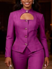 优雅紫色镂空领修身纽扣前襟正式宴会商务衬衫 - 紫色 - 查看 4