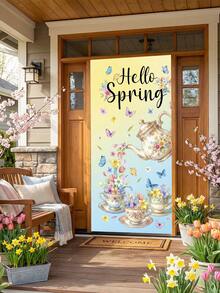 1 pezzo Decorazione per porta in poliestere con fontana, ninfee, libellule e farfalle, sfondo turchese pastello con accenti floreali, decorazione riutilizzabile e durevole per portico anteriore, forniture per la primavera, regali di primavera, accessori per feste di primavera, decorazione per casa, soggiorno, camera da letto, cucina, ingresso, photobooth - 002 - Visualizzare 19