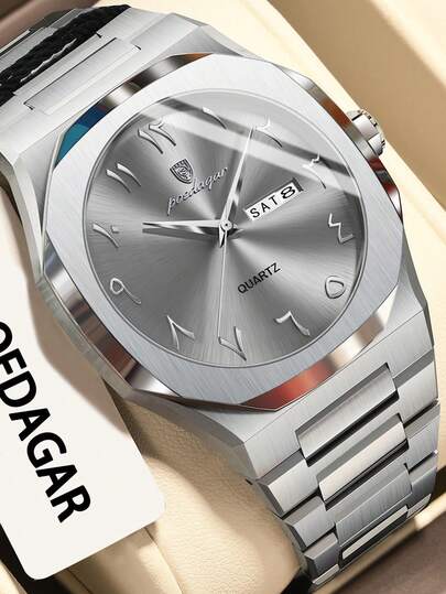 POEDAGAR 1件装时尚休闲男士不锈钢石英日历星期腕表，30米防水，商务正装腕表，适合工作场合，男士生日礼物