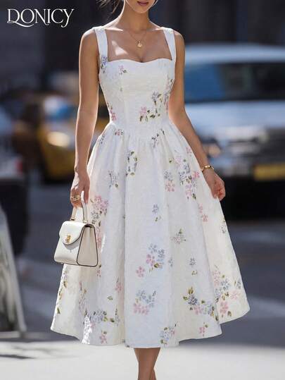 DONICY Women's White Floral Ruffle Hem Midi Dress, Square Neck Sleeveless Dress, Sweet Romantic Summer Holiday Dress