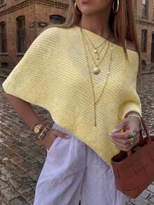 Live To Mo Y2K 夏季奶油黄单肩休闲针织上衣，不规则沙滩罩衫，度假和外出完美之选 - 黃色 - 查看 11