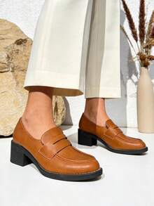 Women's Elegant, Comfortable, And High-Quality Chunky Heel Loafers, Ideal For Work And The Office; Loafer Style For Everyday Wear - Camel-1073 - View 1