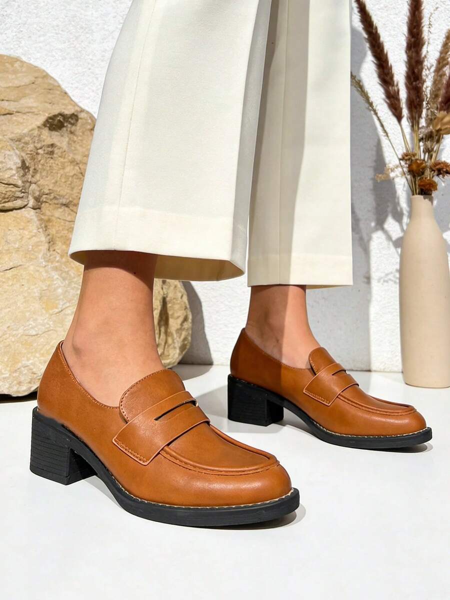 Women's Elegant, Comfortable, And High-Quality Chunky Heel Loafers, Ideal For Work And The Office; Loafer Style For Everyday Wear - Camel-1073 - View 1