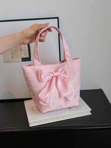 1pc Polka Dot Bow Handbag, Fashionable Urban Office/School Commute - Pink - View 10