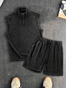 简约休闲复古夏季男士水洗做旧拉链背心套装 - 黑色 - 查看 3