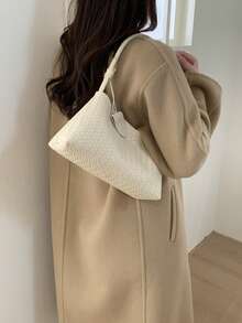 1 chiếc túi baguette dệt màu trơn mới, quai đeo bằng da PU, túi đeo vai thời trang dành cho nữ, thích hợp sử dụng hàng ngày, đi mua sắm, hẹn hò. - Màu be - Xem 6