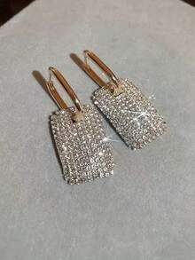 Square Rhinestone Hoop Earrings, Commuting Versatile Elegant Luxury Earrings For Women - Gold - View 8