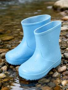 HAHABOBO 兒童中性藍色純色雨靴，輕量舒適中筒防水雨鞋，適合學校、徒步、戶外旅行四季穿著 - 藍色 - 查看 6