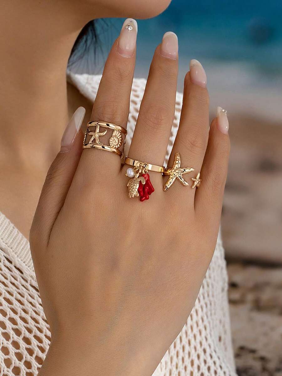 3件套波西米亚风海星戒指套装，适合海滩度假，可搭配比基尼泳装，海洋生活方式珠宝配饰 - 彩色 - 查看 1