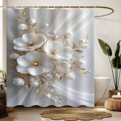 1pc 2D Floral Printed Shower Curtain, White, Elegant Shower Curtain, Made Of Polyester, Waterproof, Sheer, Suitable For Home And Bathroom Decor, Comes With 12 Hooks