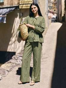 女士时尚休闲度假风绿色镂空系带长袖衬衫搭配高腰阔腿裤两件套，通勤套装，沙滩装春季必备 - 墨綠色 - 查看 4